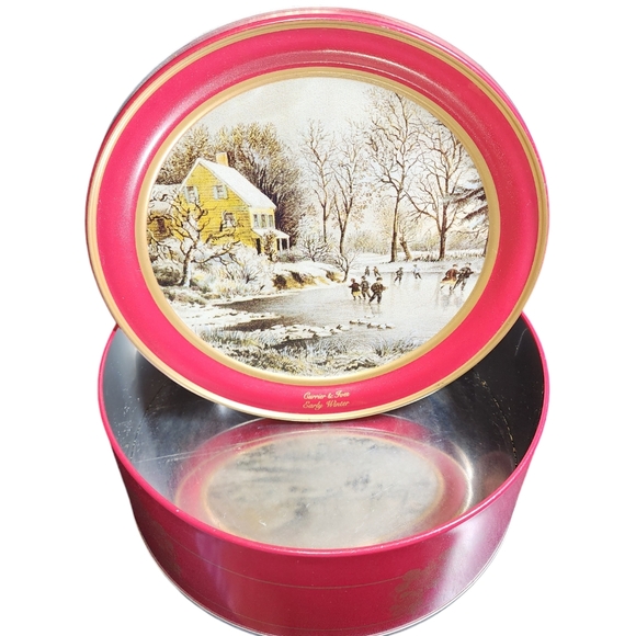 Vintage Sunshine Bakers Currier & Ives Early Winter Large Cookie Tin 3.5"HX10"D - Picture 5 of 10